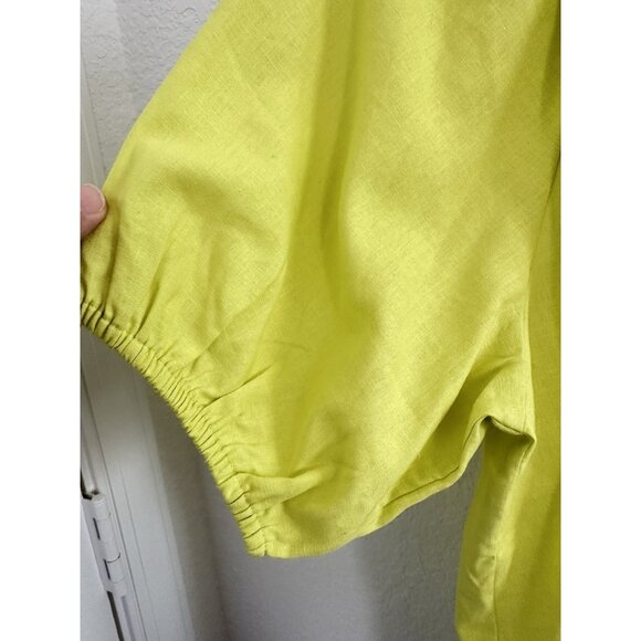 LOFT Womens Top Petite MP Neon Grn Linen Blend Tie Neck Puff Sleeve Peasant Boho - Picture 4 of 12